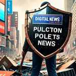 A person holding a shield that protects them from digital pollution like fake news and sensational headlines. The background shows a chaotic scene of information overload. The style is bright and empowering.