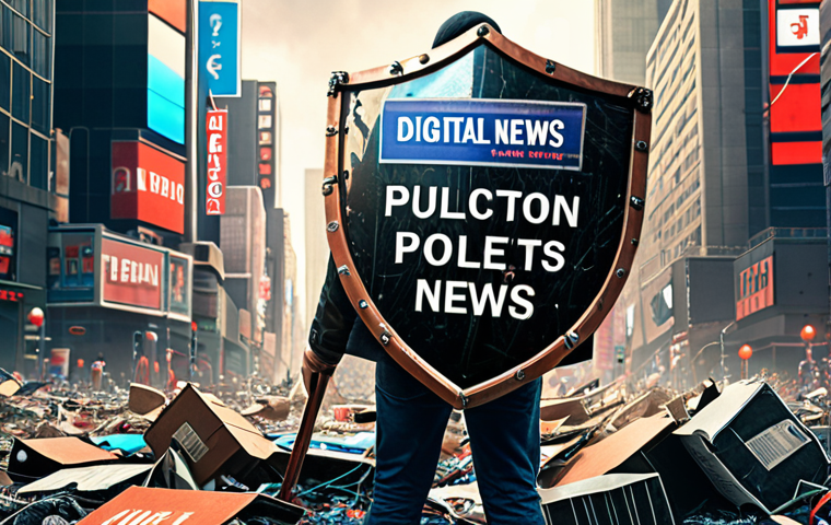 A person holding a shield that protects them from digital pollution like fake news and sensational headlines. The background shows a chaotic scene of information overload. The style is bright and empowering.