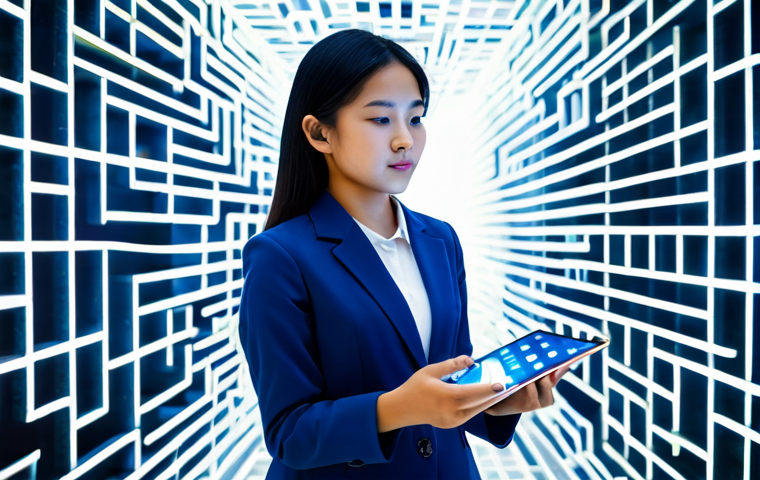 A Vietnamese young professional, fully clothed in a modest business casual outfit, stands calmly amidst a swirling, luminous digital maze, symbolic of information overload. She is holding a glowing, transparent filter in her well-formed hands, through which she sifts streams of digital data, appearing composed and focused. The background is a vibrant, abstract digital landscape with subtle, glowing lines and indistinct social media icons, representing the complexity of online information. The lighting is soft and ethereal, highlighting her discerning posture. Professional photography, high detail, sharp focus, perfect anatomy, correct proportions, natural pose, proper finger count, natural body proportions, safe for work, appropriate content, family-friendly, fully clothed, professional.