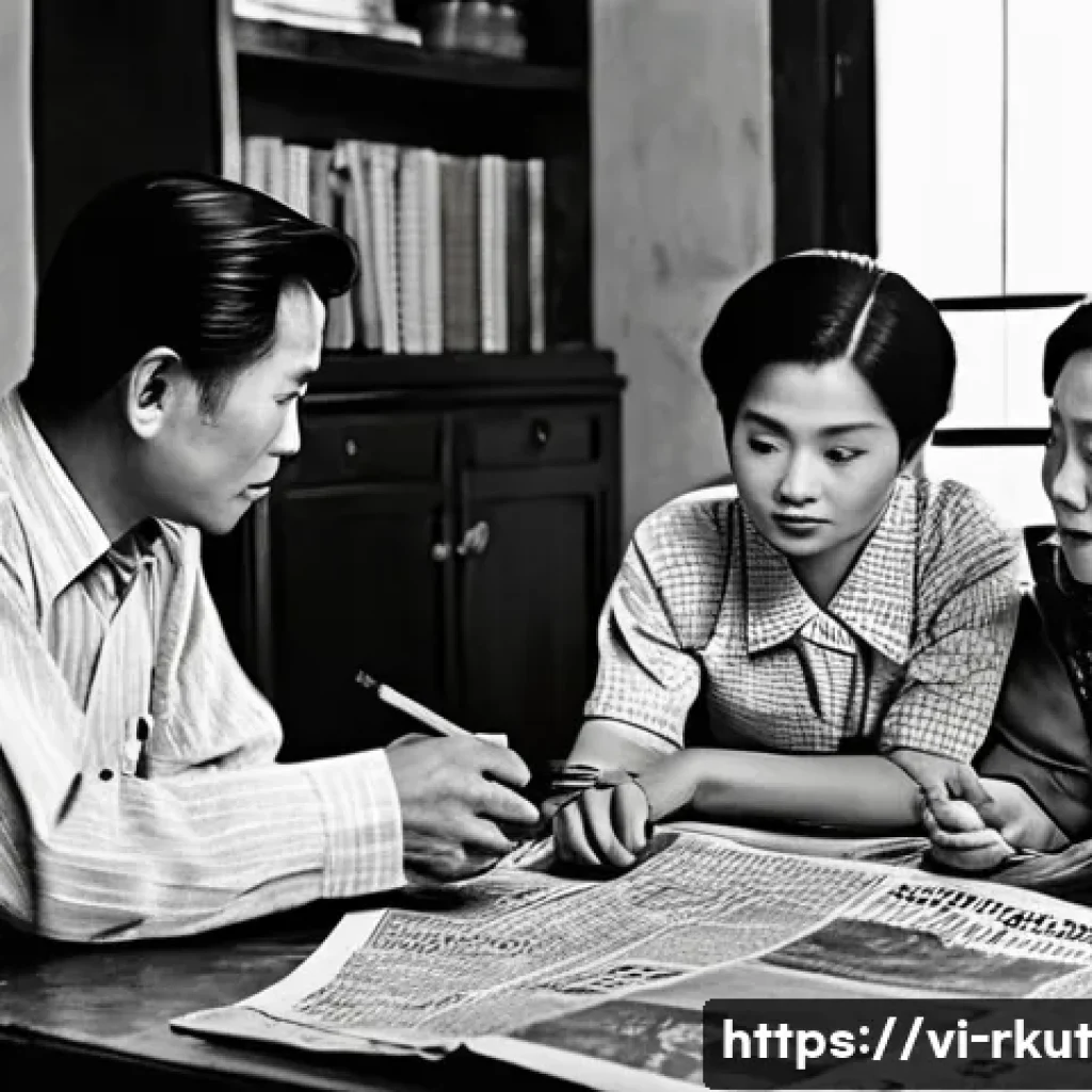 미디어 소비 습관의 변천사 - A nostalgic family scene in a Vietnamese living room during the late 20th century, gathered around a...