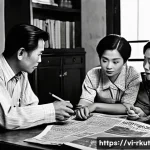 Home 22 미디어 소비 습관의 변천사 - A nostalgic family scene in a Vietnamese living room during the late 20th century, gathered around a...