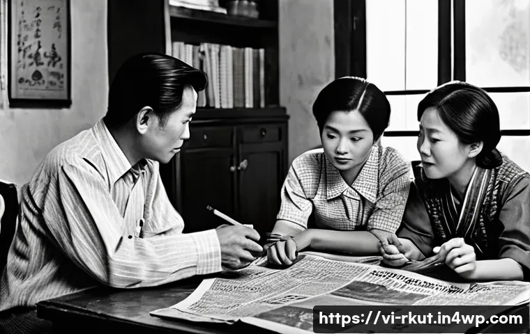 미디어 소비 습관의 변천사 - A nostalgic family scene in a Vietnamese living room during the late 20th century, gathered around a...
