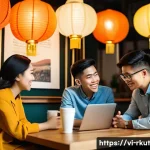 Home 21 주변 사람들과 미디어 소비 토론하기 - A diverse group of young Vietnamese adults sitting comfortably in a modern café, engaged in lively d...