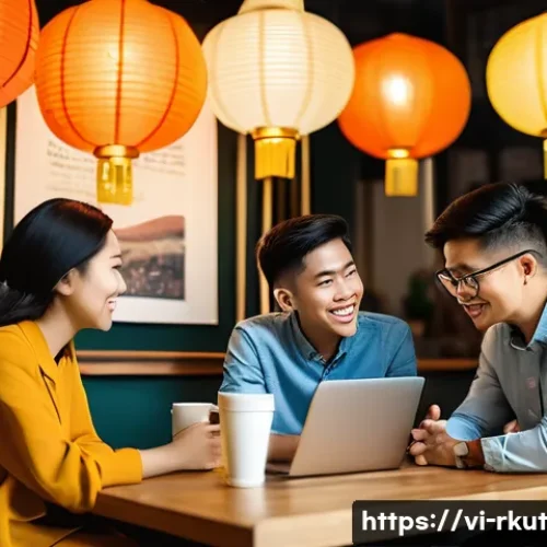 Home 33 주변 사람들과 미디어 소비 토론하기 - A diverse group of young Vietnamese adults sitting comfortably in a modern café, engaged in lively d...