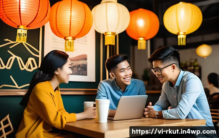주변 사람들과 미디어 소비 토론하기 - A diverse group of young Vietnamese adults sitting comfortably in a modern café, engaged in lively d...