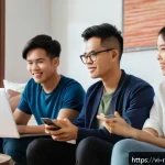 Home 20 소셜 미디어에서의 비판적 대화 - A diverse group of Vietnamese young adults engaging in a respectful online debate in a cozy, modern ...
