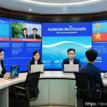 Home 23 디지털 시대의 저널리즘 변화 - A modern Vietnamese newsroom with diverse journalists working collaboratively, featuring advanced AI...
