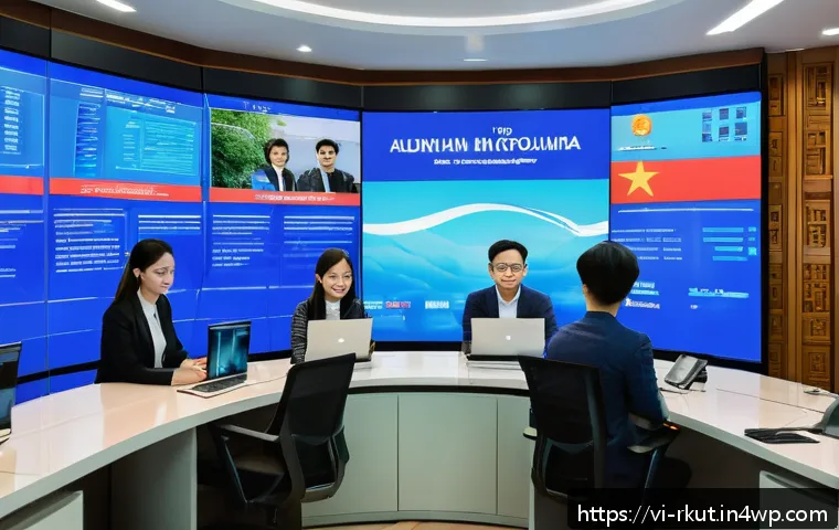 디지털 시대의 저널리즘 변화 - A modern Vietnamese newsroom with diverse journalists working collaboratively, featuring advanced AI...