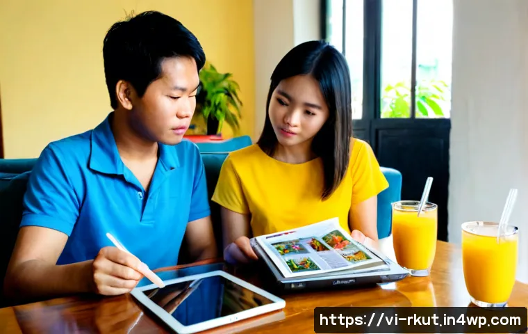 Home 17 비판적 미디어 소비와 문화적 다양성 - Photorealistic Vietnamese family of three at a bright modern living room table, thoughtfully compari...